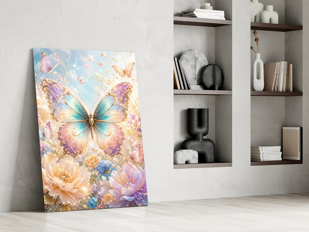 an iridescent butterfly over pastel flowers panel resting in a shelving niche in a modern interior