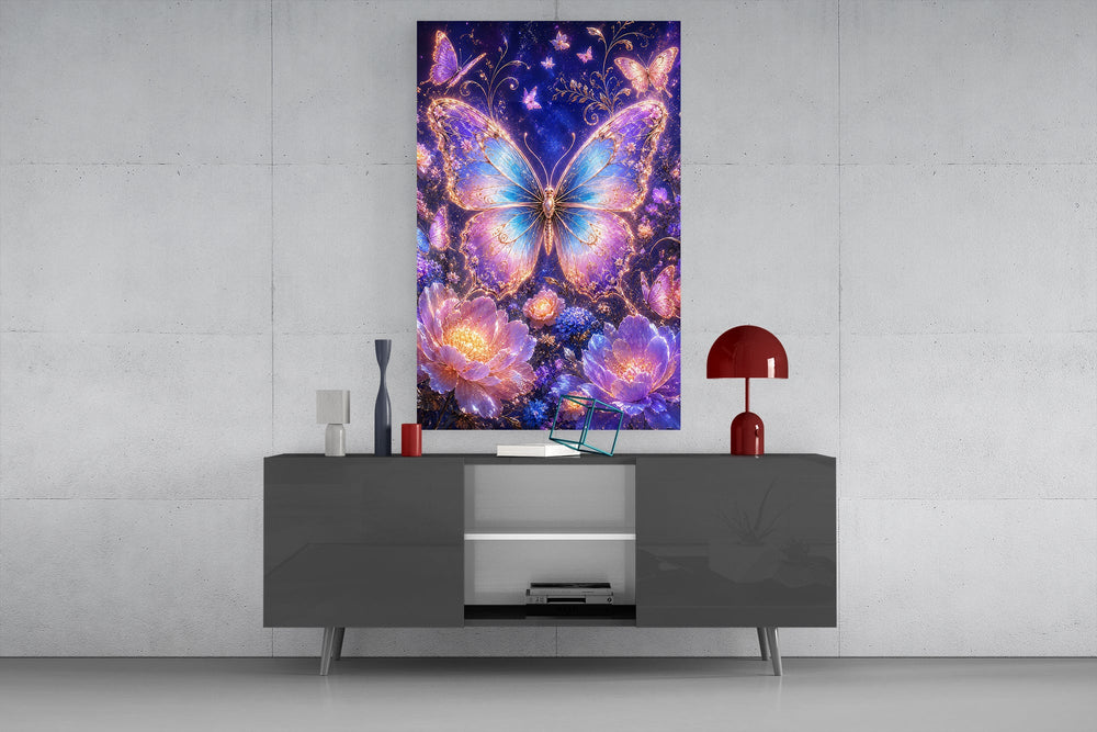 gilded butterfly over a violet night garden glass wall art displayed above a console in a designer interior