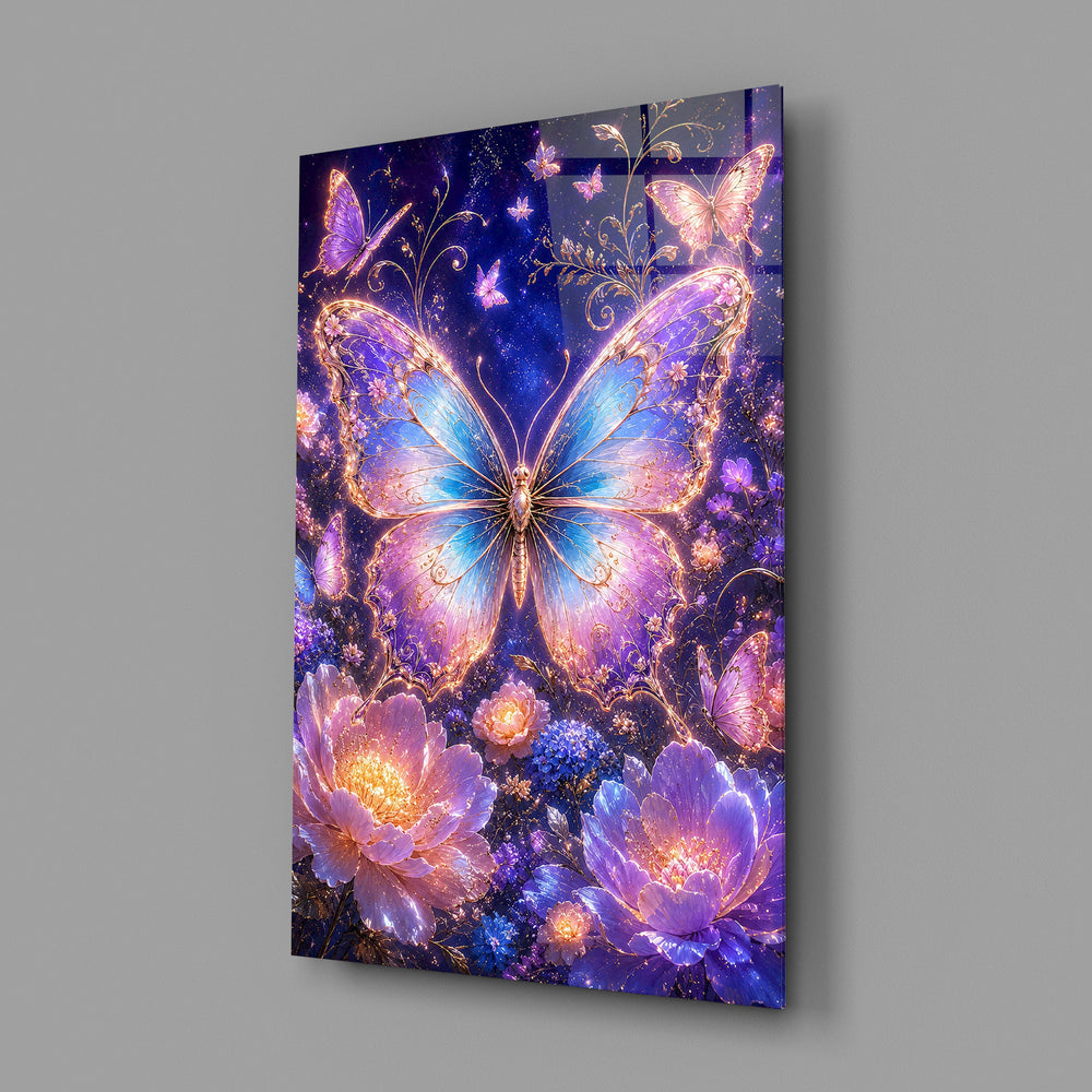 gilded butterfly over a violet night garden glass wall art angled to show the polished tempered glass panel