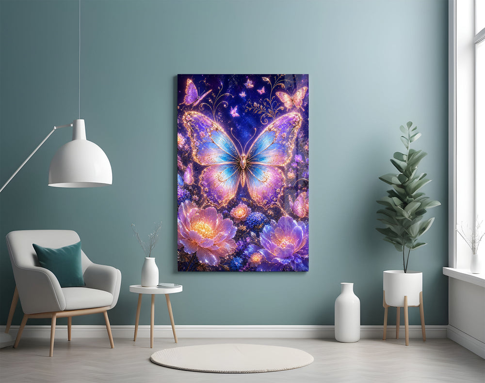 gilded butterfly over a violet night garden glass wall art styled above an armchair in a reading corner