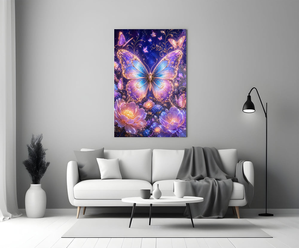 gilded butterfly over a violet night garden panel bringing character to a minimalist living room wall