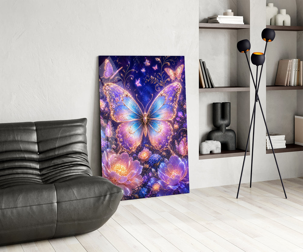 gilded butterfly over a violet night garden glass wall art leaning beside a dark leather sofa