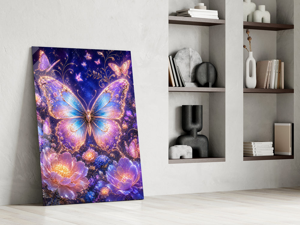 gilded butterfly over a violet night garden panel resting in a shelving niche in a modern interior