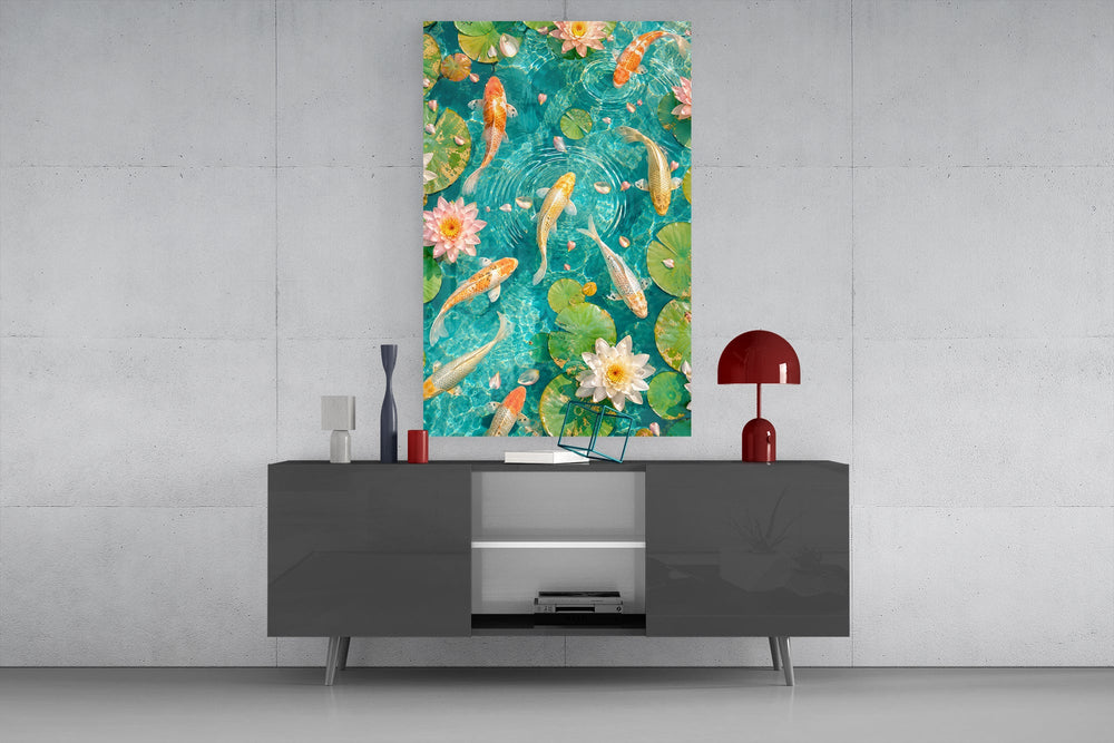 koi drifting through a turquoise lily pond glass wall art displayed above a console in a designer interior