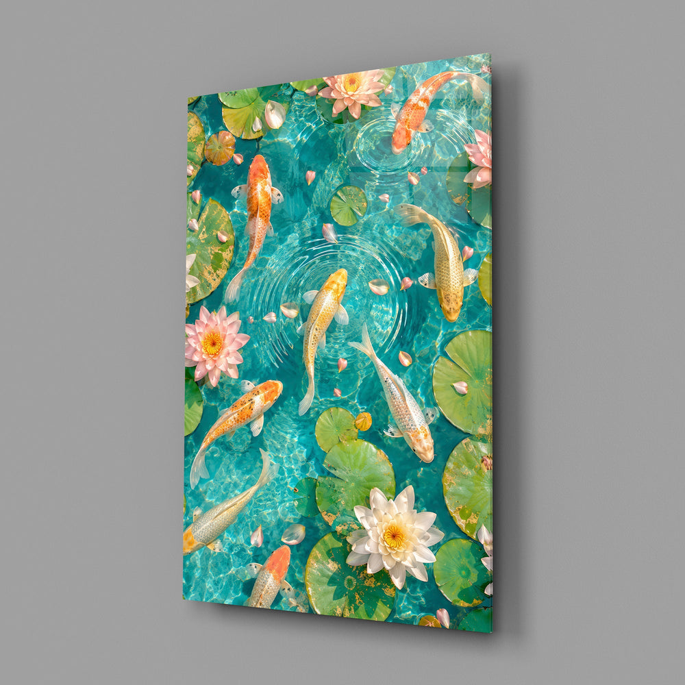koi drifting through a turquoise lily pond glass wall art angled to show the polished tempered glass panel