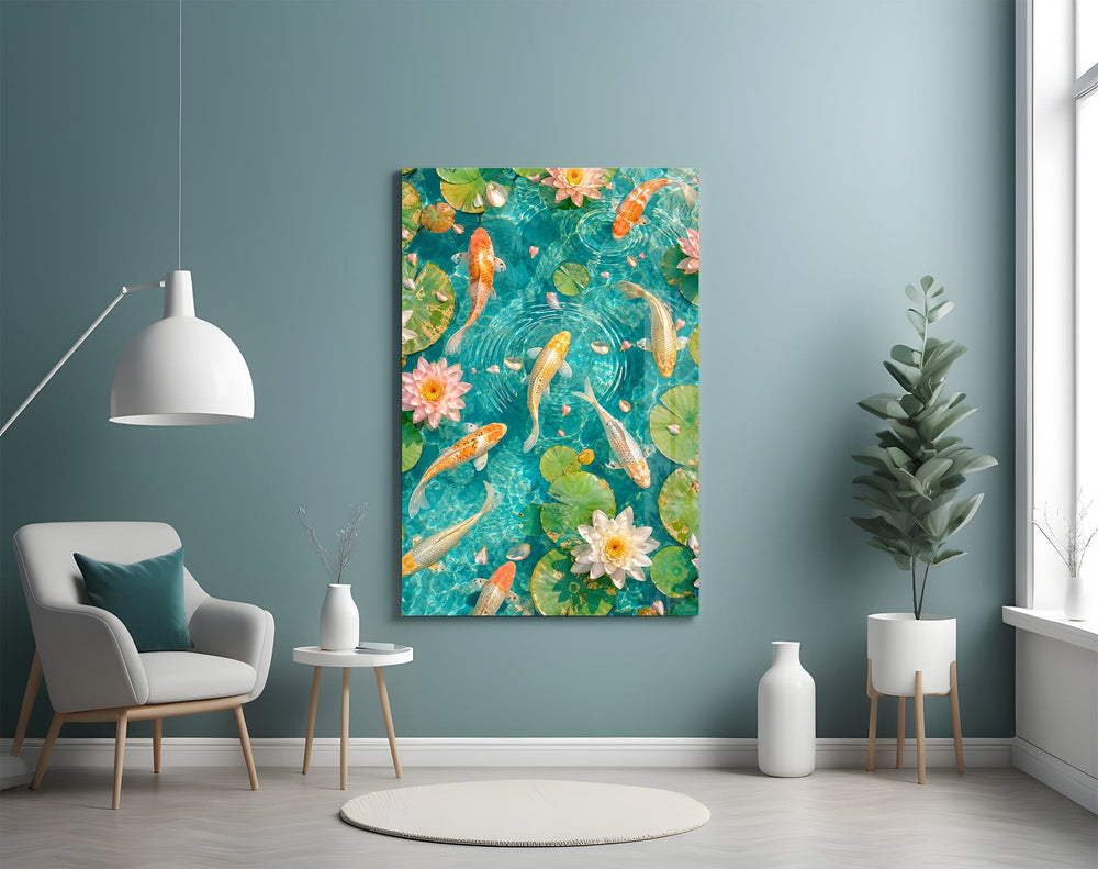 koi drifting through a turquoise lily pond glass wall art styled above an armchair in a reading corner