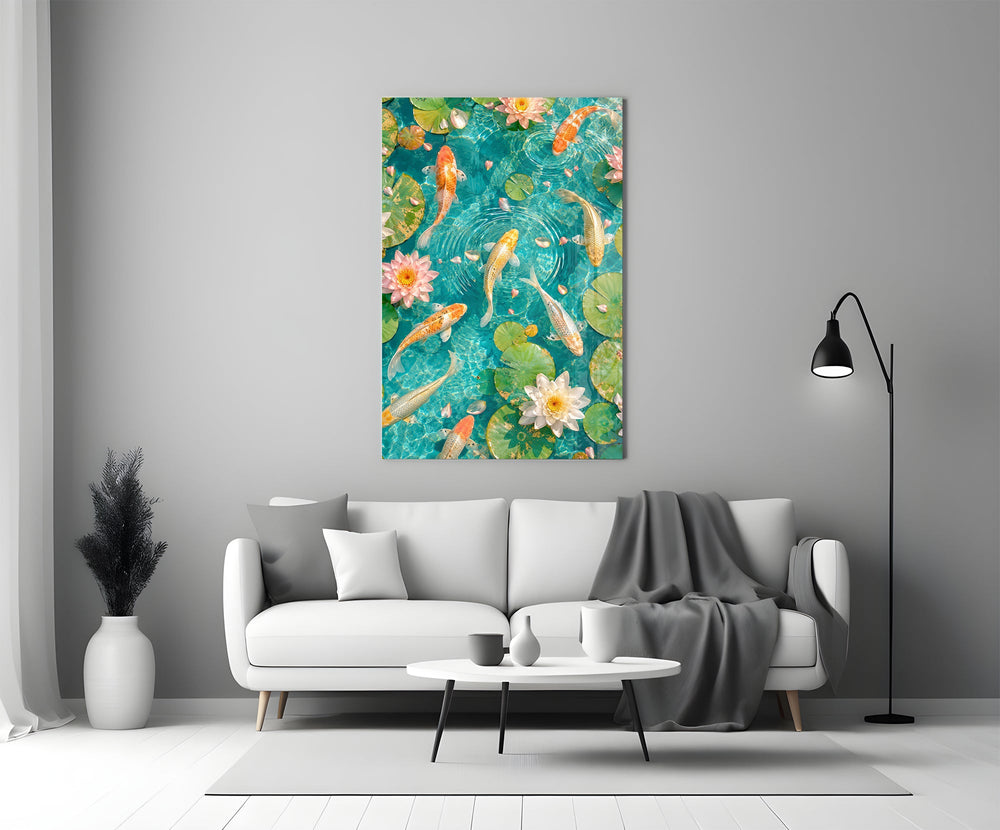 koi drifting through a turquoise lily pond panel bringing character to a minimalist living room wall