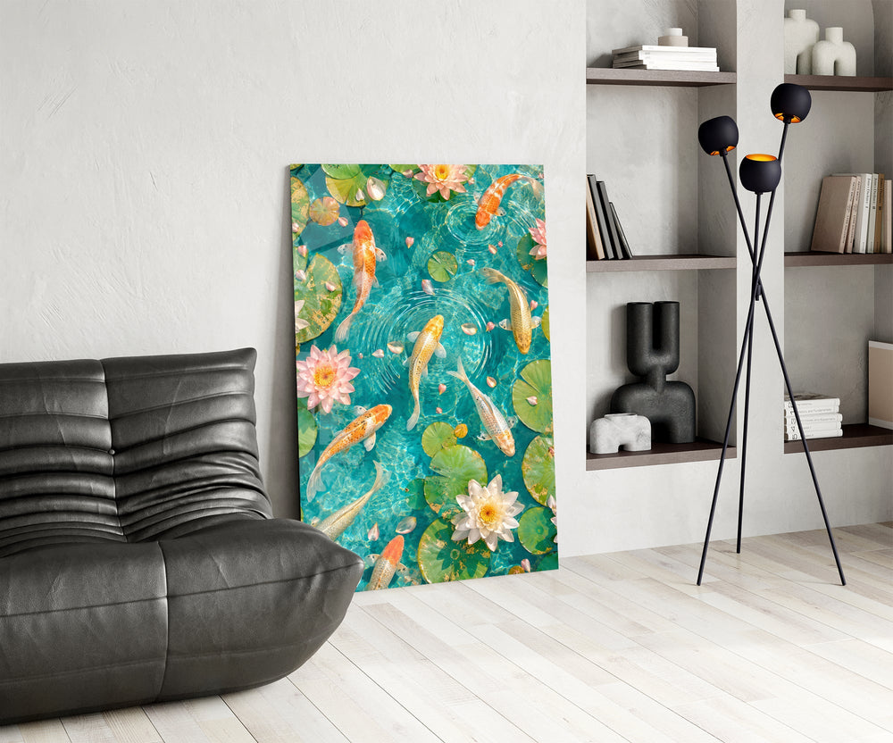 koi drifting through a turquoise lily pond glass wall art leaning beside a dark leather sofa