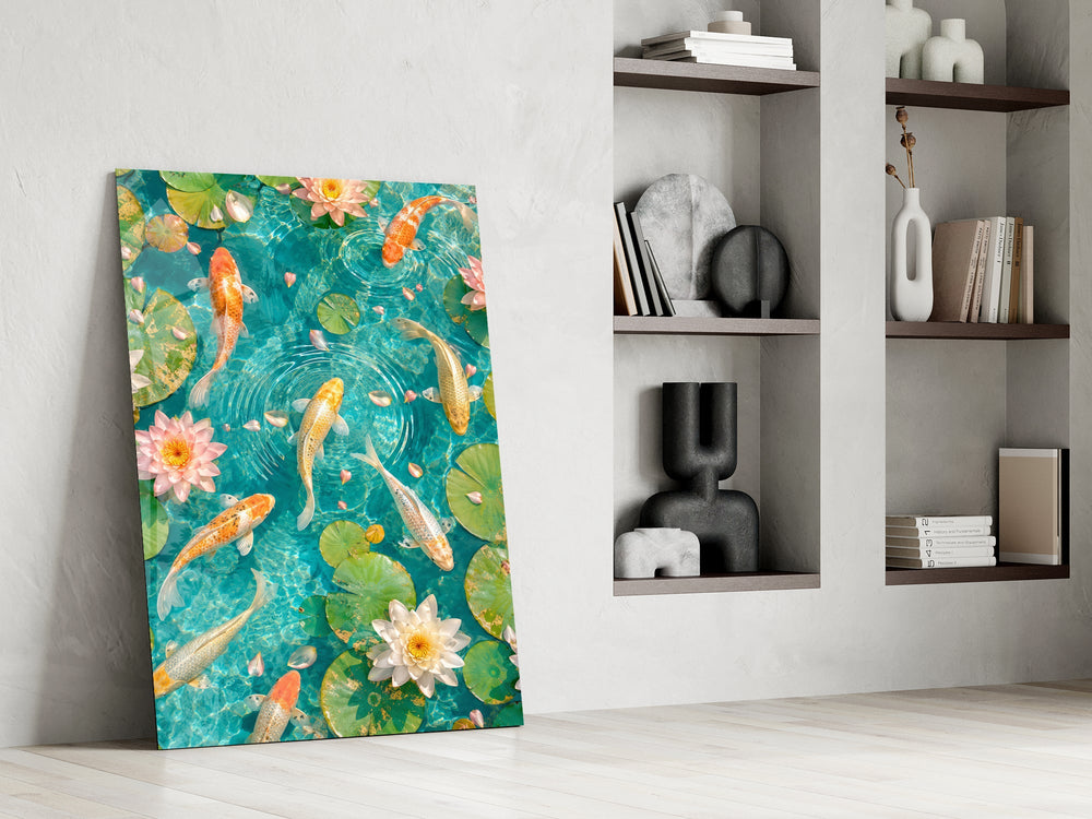 koi drifting through a turquoise lily pond panel resting in a shelving niche in a modern interior