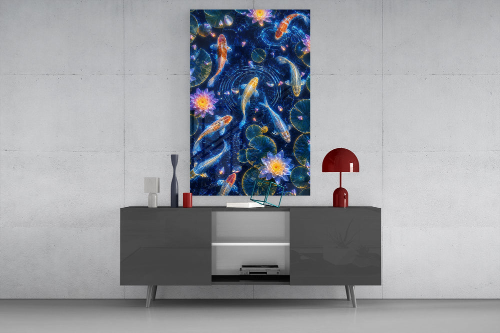 koi circling beneath glowing lotus at night glass wall art displayed above a console in a designer interior
