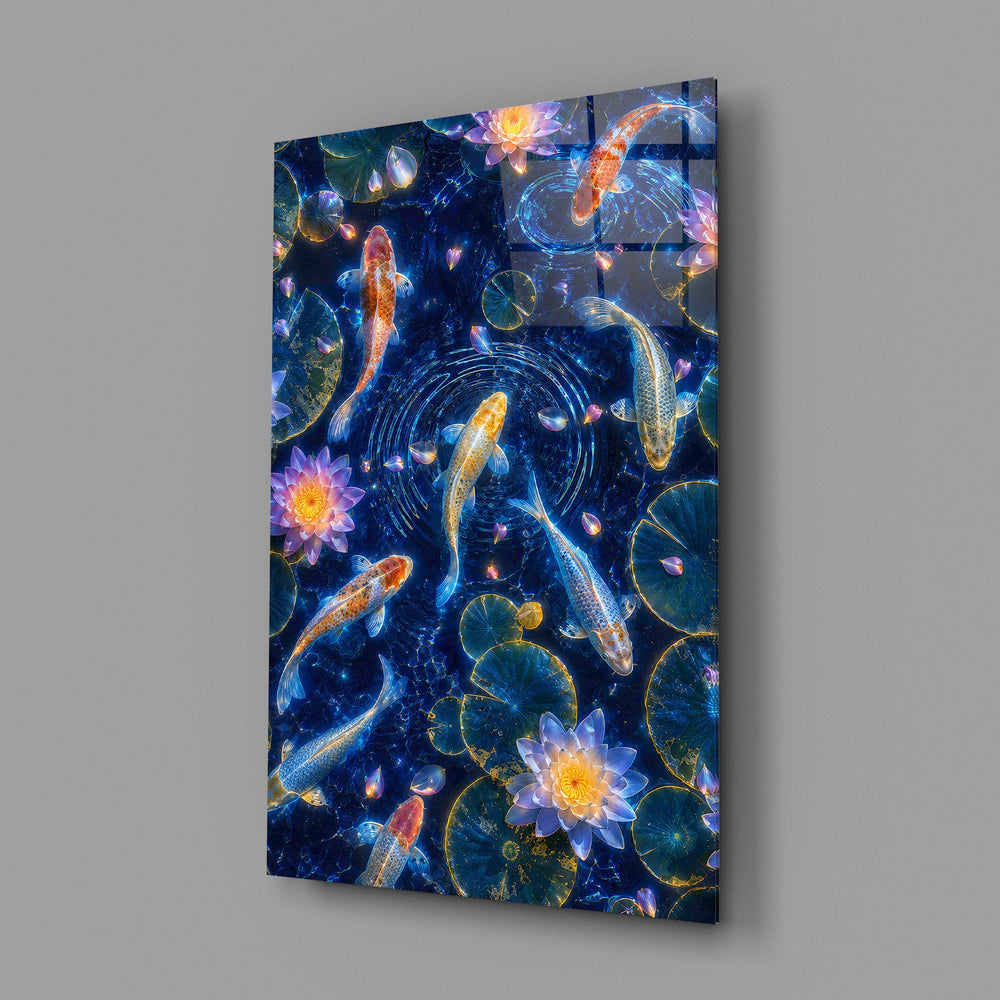 koi circling beneath glowing lotus at night glass wall art angled to show the polished tempered glass panel