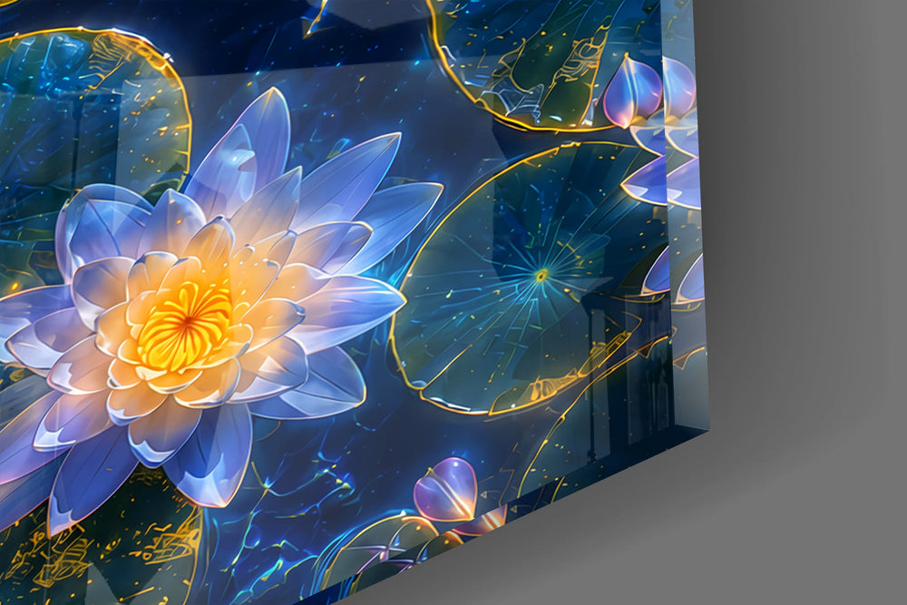 Close-up detail of the gold-rimmed lily pads and lit lotus centers on the glass surface