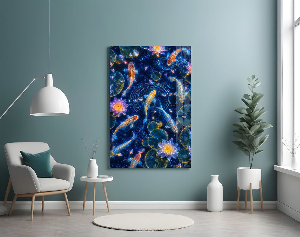 koi circling beneath glowing lotus at night glass wall art styled above an armchair in a reading corner