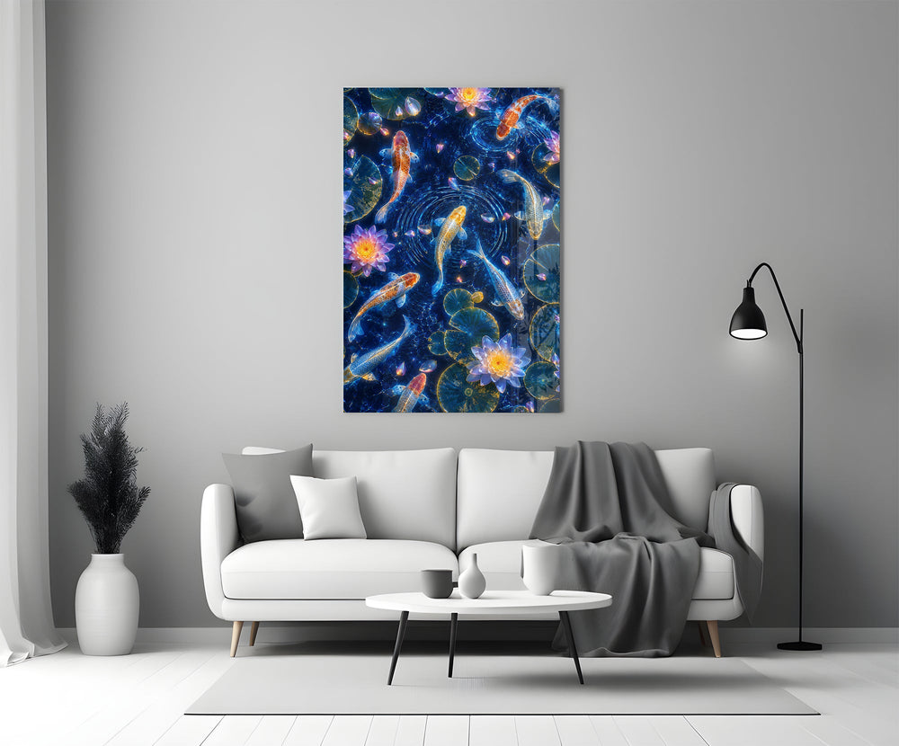 koi circling beneath glowing lotus at night panel bringing character to a minimalist living room wall