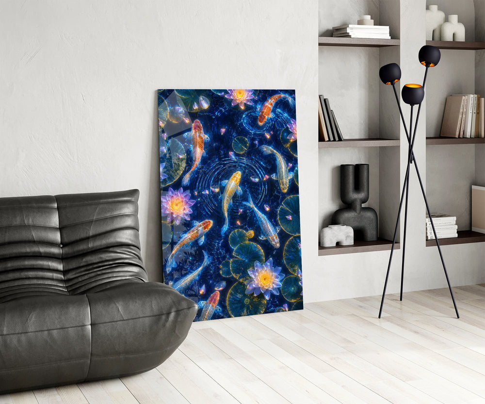 koi circling beneath glowing lotus at night glass wall art leaning beside a dark leather sofa