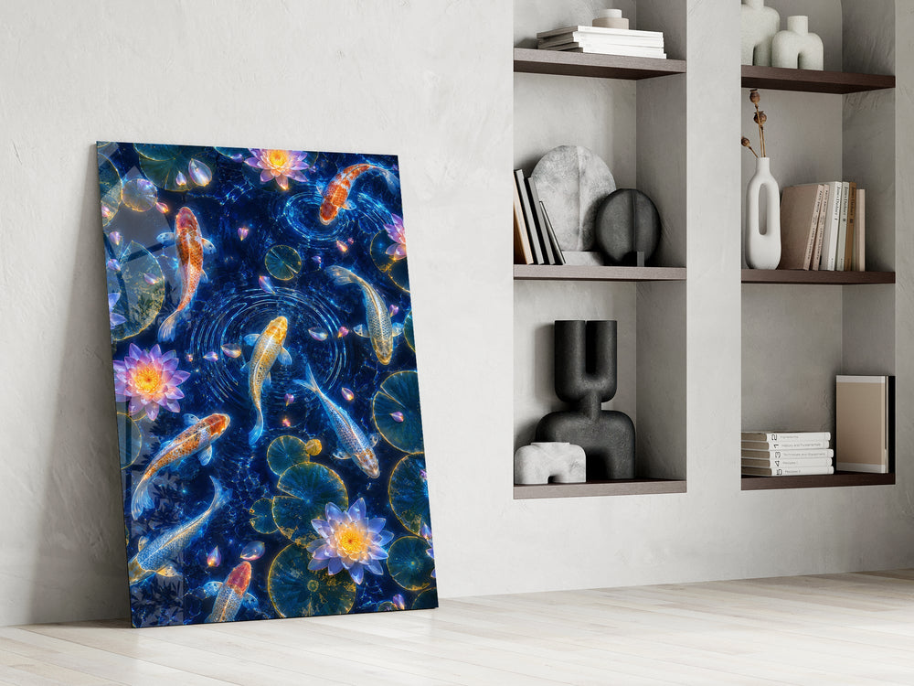koi circling beneath glowing lotus at night panel resting in a shelving niche in a modern interior