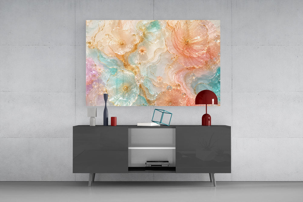 translucent peach and mint petals in gold glass wall art displayed above a console in a designer interior