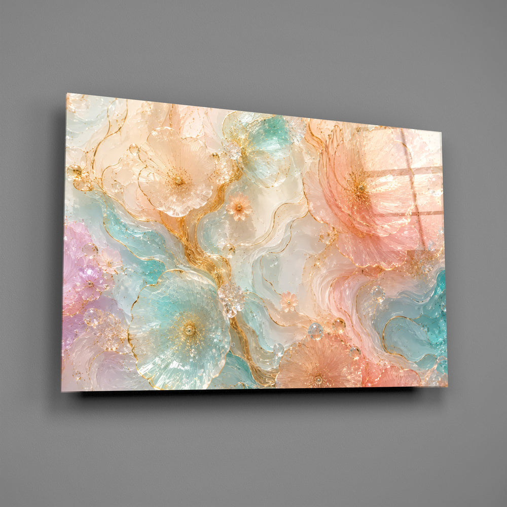 translucent peach and mint petals in gold glass wall art angled to show the polished tempered glass panel