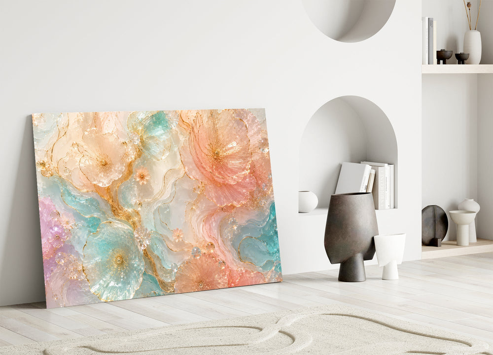 translucent peach and mint petals in gold panel bringing character to a minimalist living room wall