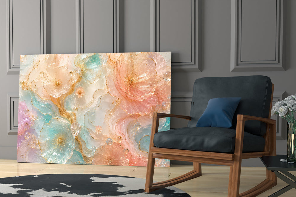 translucent peach and mint petals in gold panel resting in a shelving niche in a modern interior
