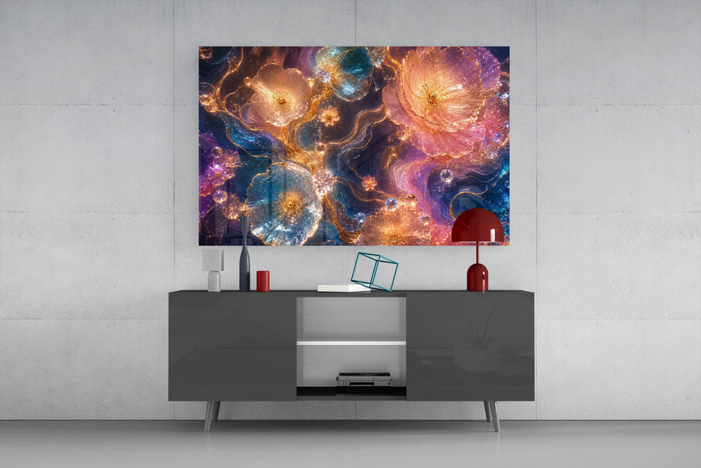 crystalline rose and sapphire blooms in gold glass wall art displayed above a console in a designer interior