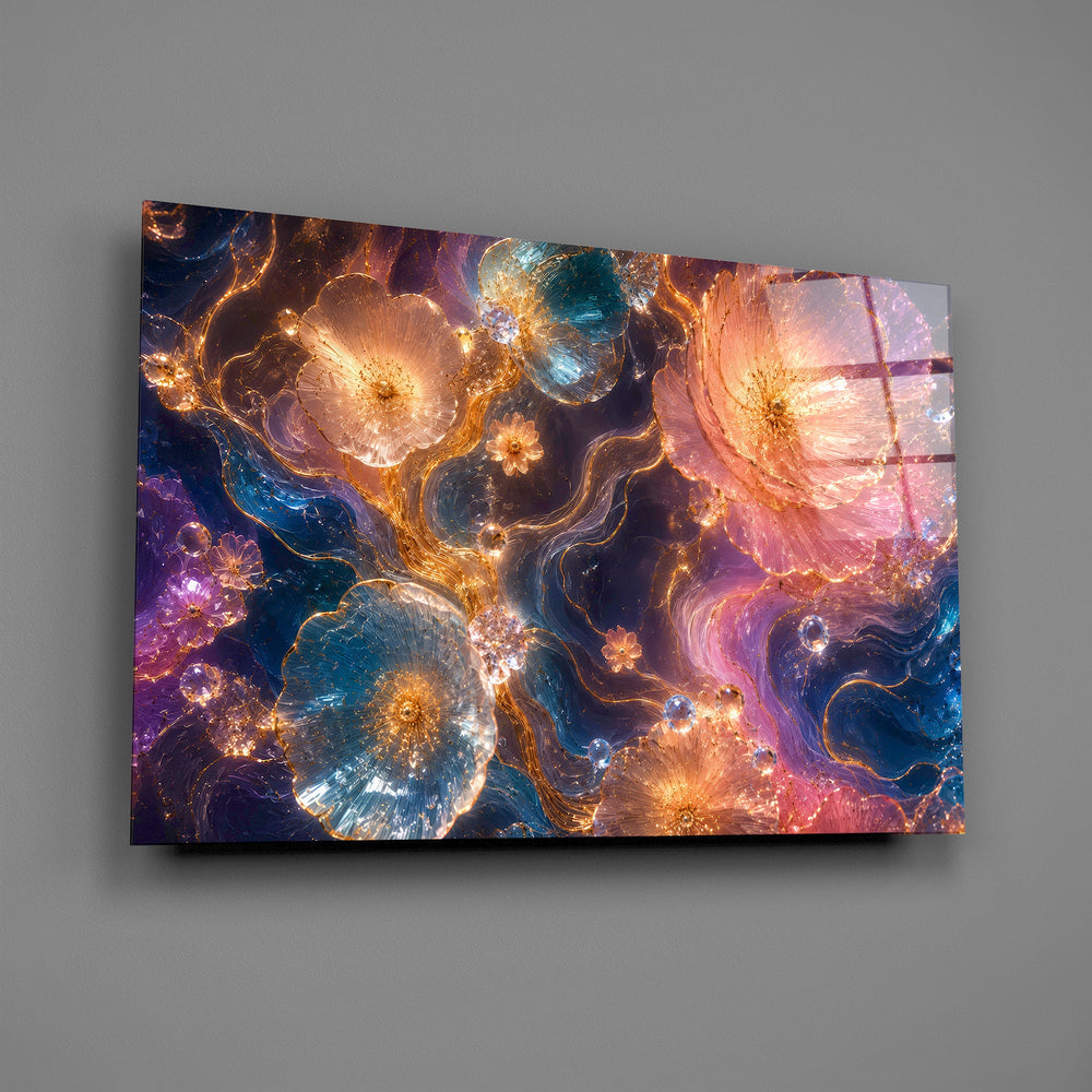 crystalline rose and sapphire blooms in gold glass wall art angled to show the polished tempered glass panel