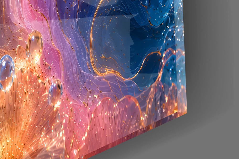 Close-up detail of the molten gold outlines and floating glass beads on the glass surface