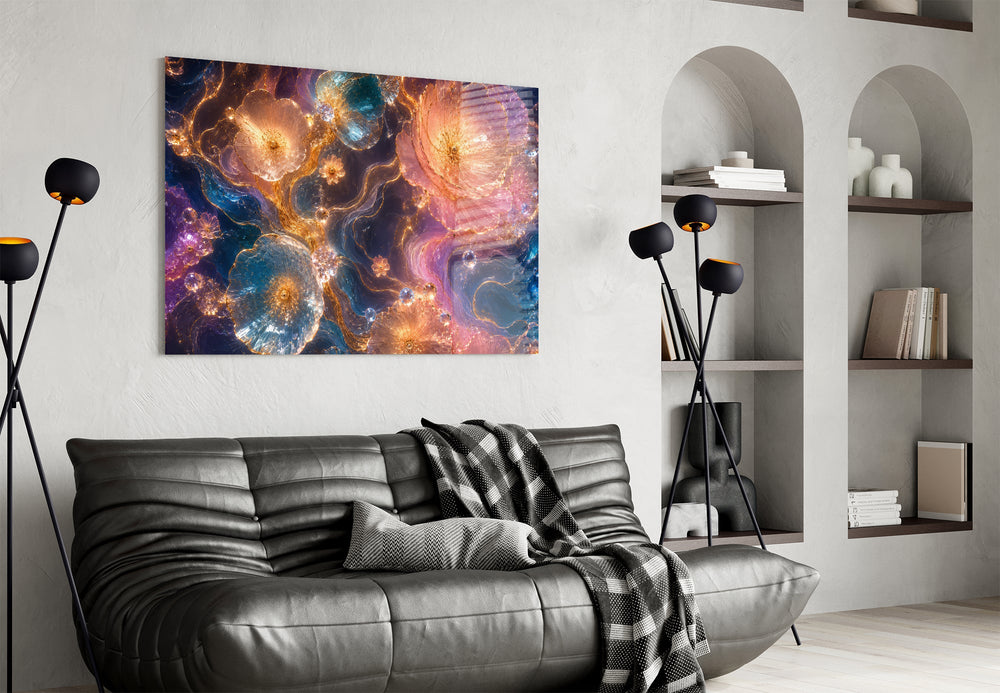 crystalline rose and sapphire blooms in gold glass wall art styled above an armchair in a reading corner