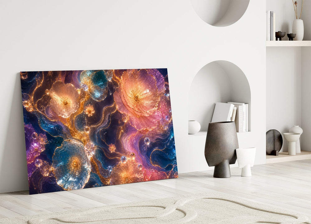 crystalline rose and sapphire blooms in gold panel bringing character to a minimalist living room wall