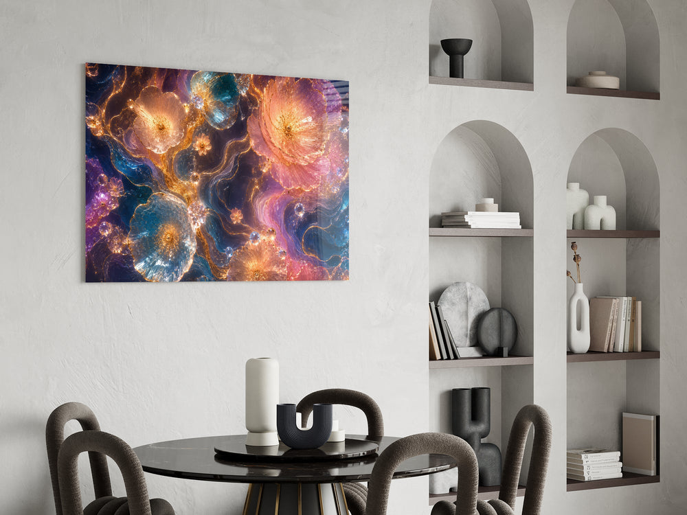 crystalline rose and sapphire blooms in gold glass wall art leaning beside a dark leather sofa