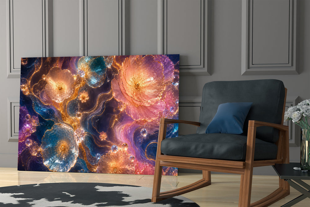 crystalline rose and sapphire blooms in gold panel resting in a shelving niche in a modern interior