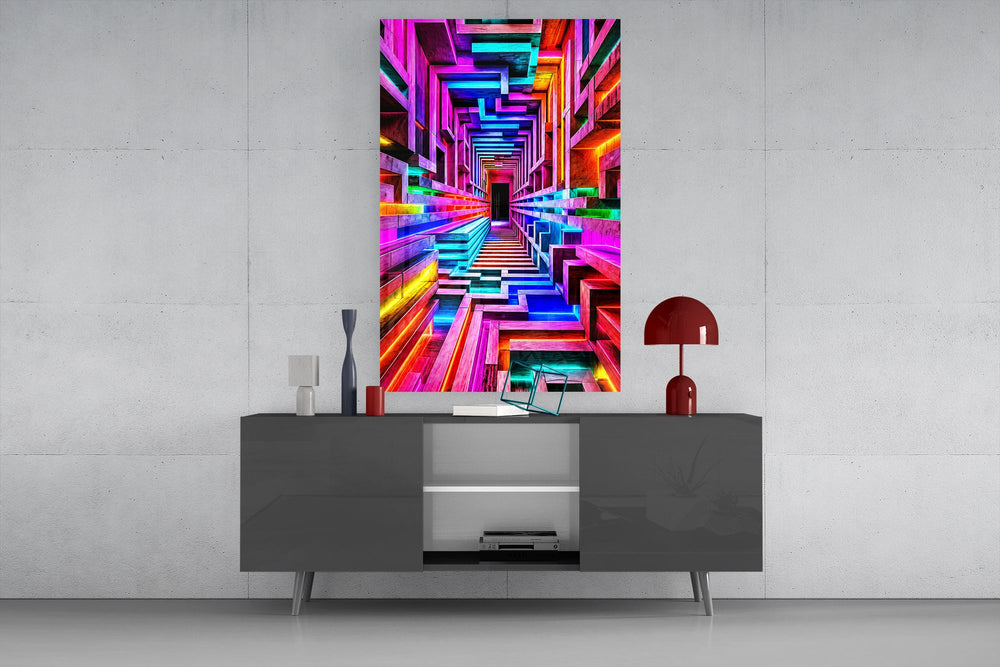 a neon rainbow corridor in deep perspective glass wall art displayed above a console in a designer interior