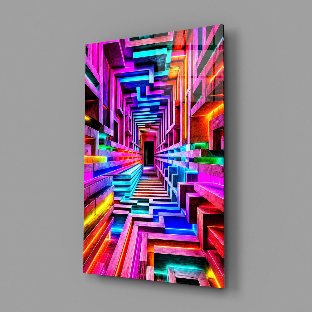 a neon rainbow corridor in deep perspective glass wall art angled to show the polished tempered glass panel