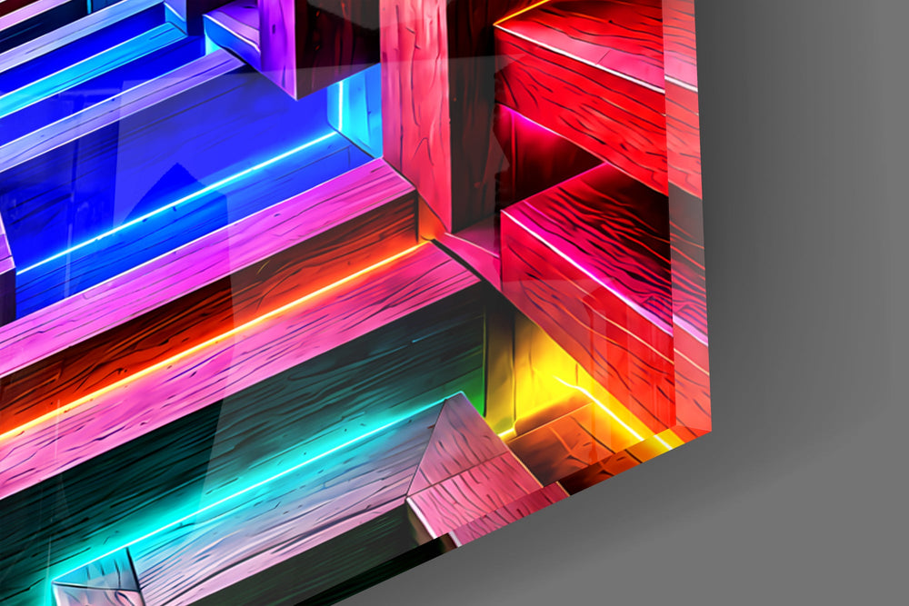 Close-up detail of the neon strips running along each stacked beam on the glass surface
