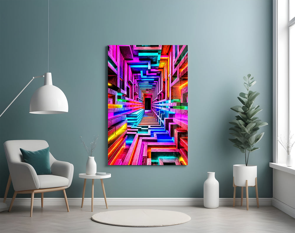 a neon rainbow corridor in deep perspective glass wall art styled above an armchair in a reading corner