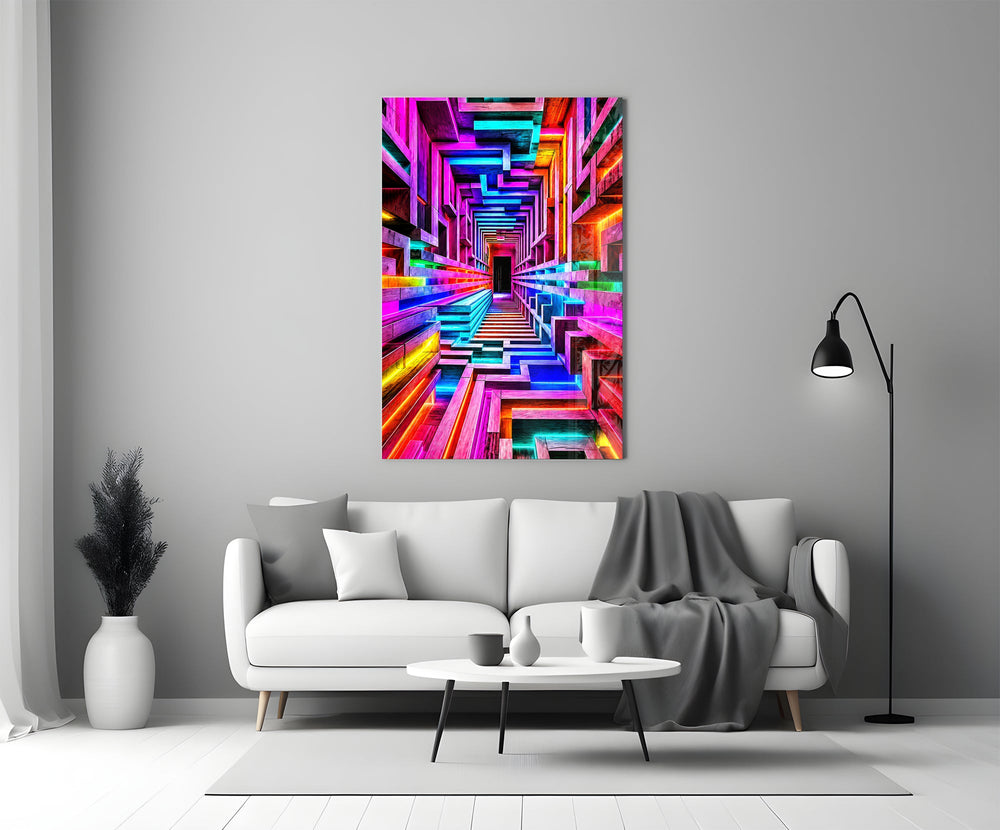 a neon rainbow corridor in deep perspective panel bringing character to a minimalist living room wall