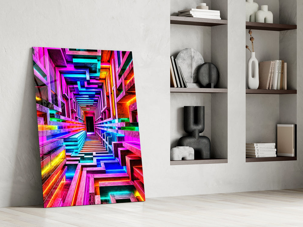 a neon rainbow corridor in deep perspective panel resting in a shelving niche in a modern interior