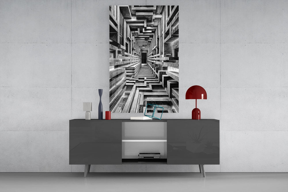 a black and white timber corridor in perspective glass wall art displayed above a console in a designer interior