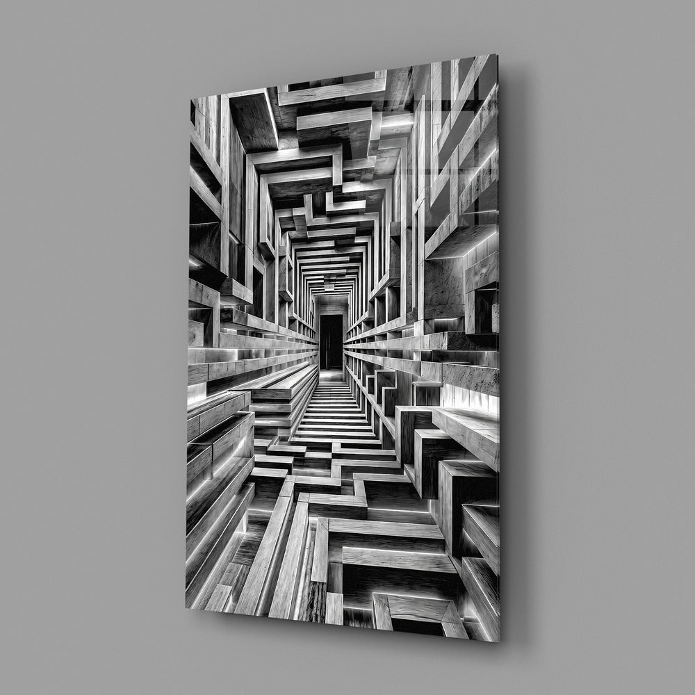 a black and white timber corridor in perspective glass wall art angled to show the polished tempered glass panel