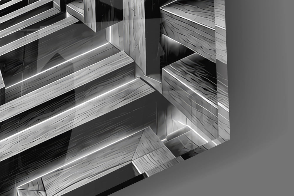 Close-up detail of the lit edges tracing each stacked beam on the glass surface