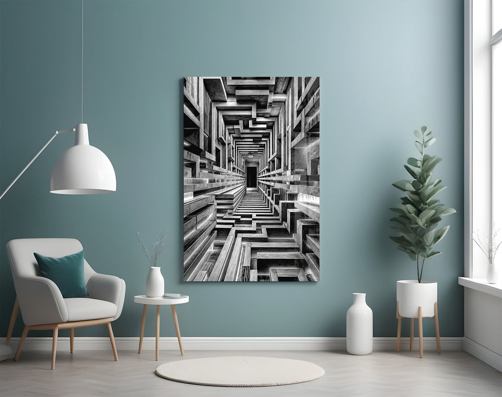 a black and white timber corridor in perspective glass wall art styled above an armchair in a reading corner