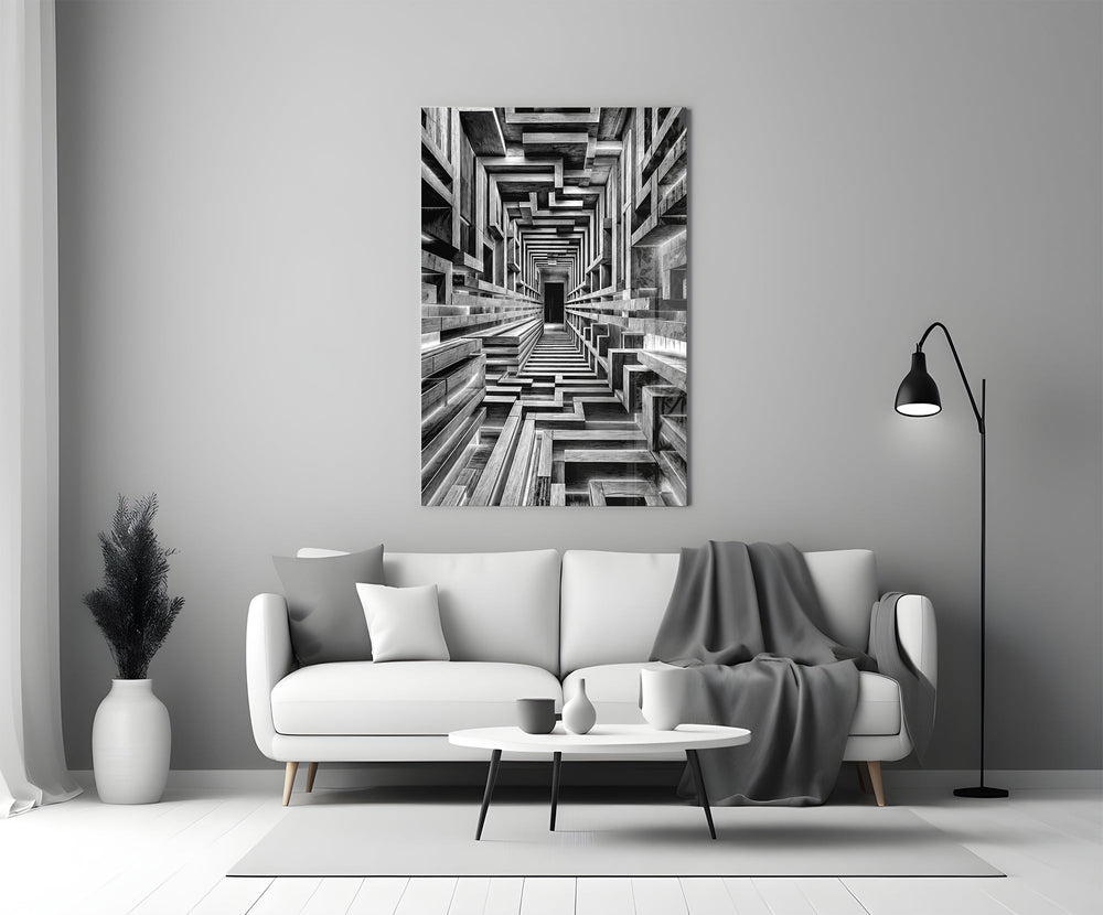 a black and white timber corridor in perspective panel bringing character to a minimalist living room wall