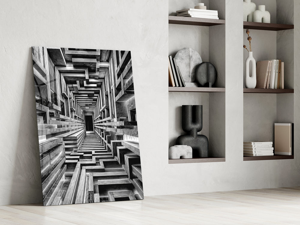 a black and white timber corridor in perspective panel resting in a shelving niche in a modern interior