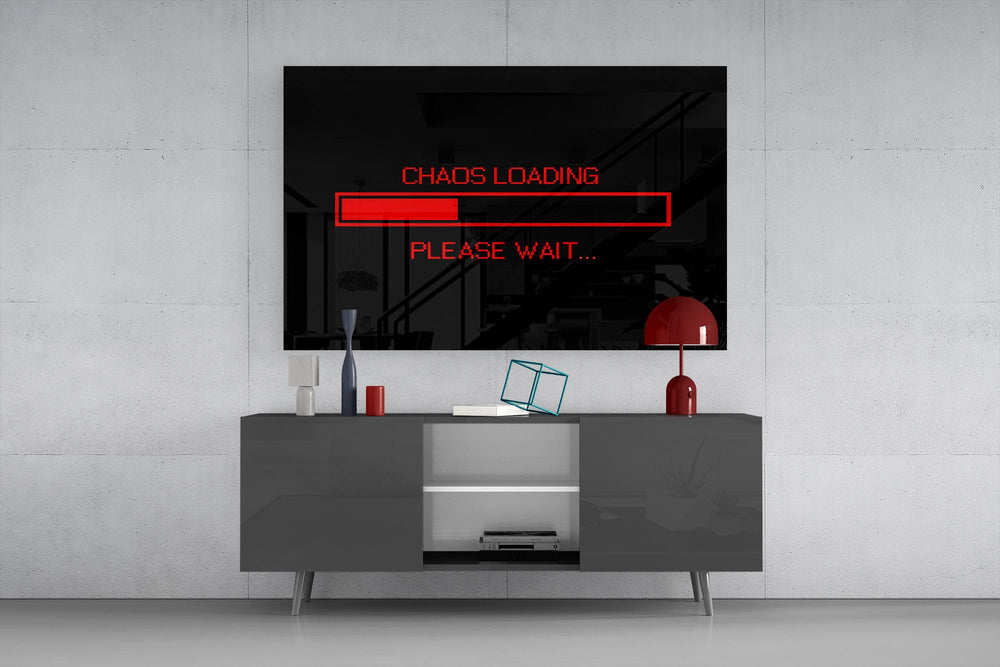 chaos loading red progress bar glass wall art displayed above a console in a designer interior