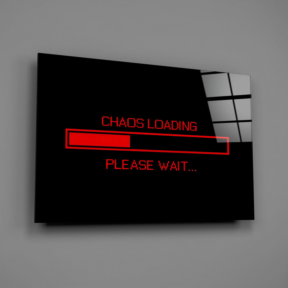 chaos loading red progress bar glass wall art angled to show the polished tempered glass panel