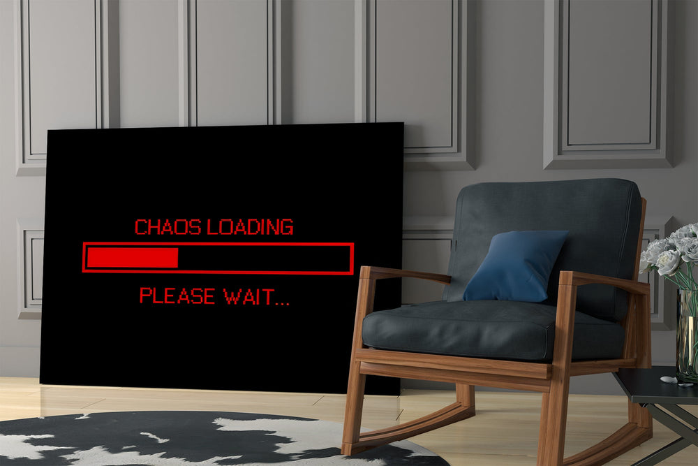 chaos loading red progress bar panel resting in a shelving niche in a modern interior