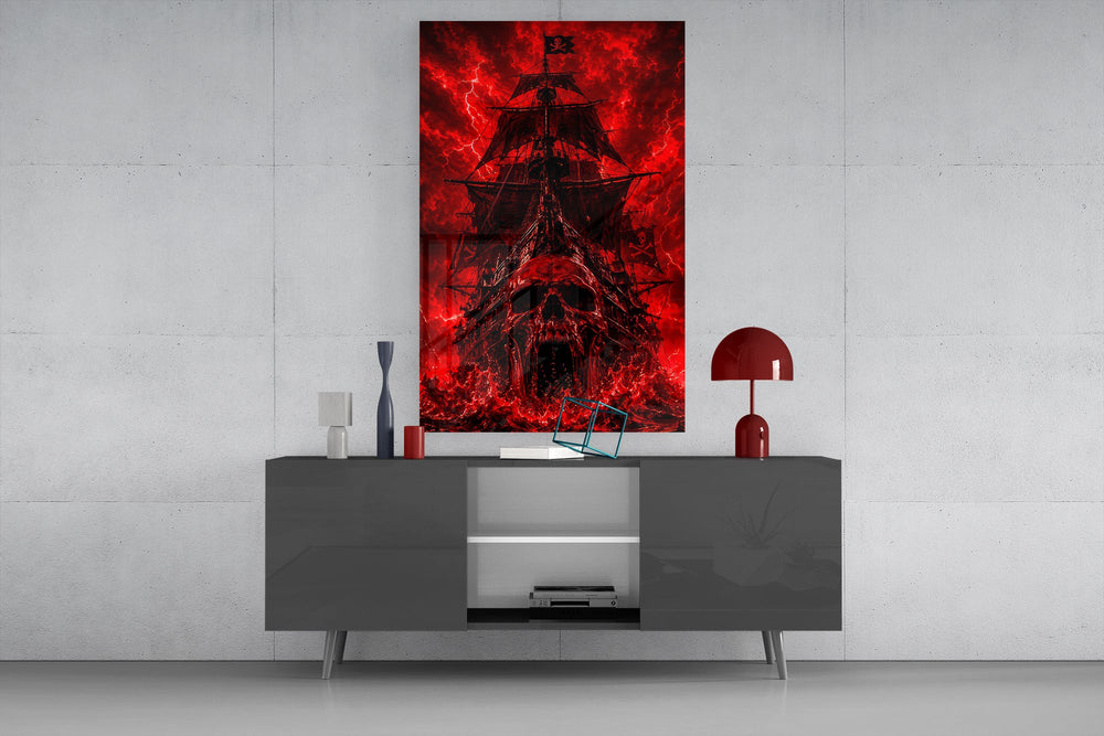 a skull-prowed pirate ship in a crimson storm glass wall art displayed above a console in a designer interior