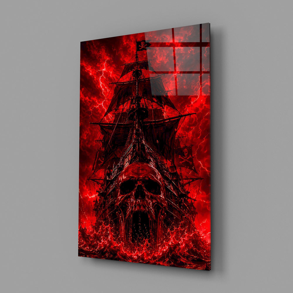 a skull-prowed pirate ship in a crimson storm glass wall art angled to show the polished tempered glass panel