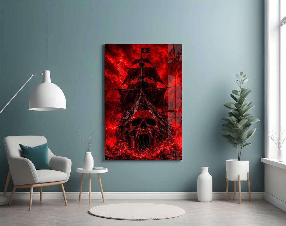 a skull-prowed pirate ship in a crimson storm glass wall art styled above an armchair in a reading corner