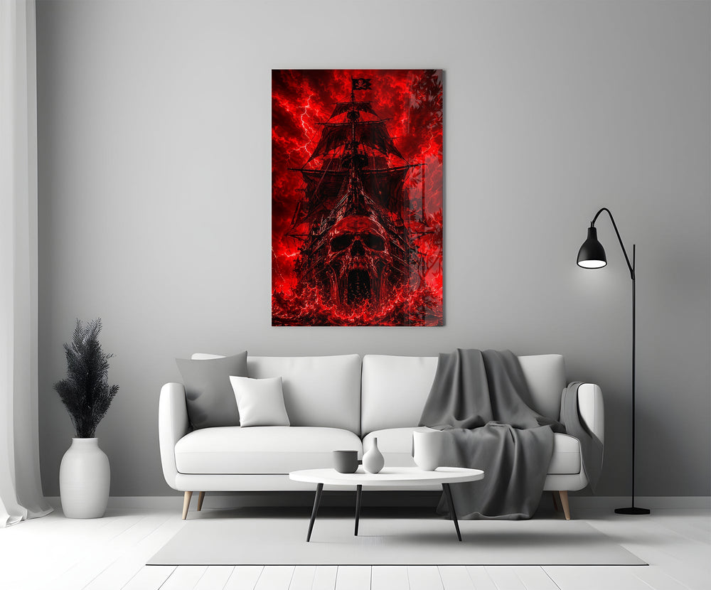a skull-prowed pirate ship in a crimson storm panel bringing character to a minimalist living room wall